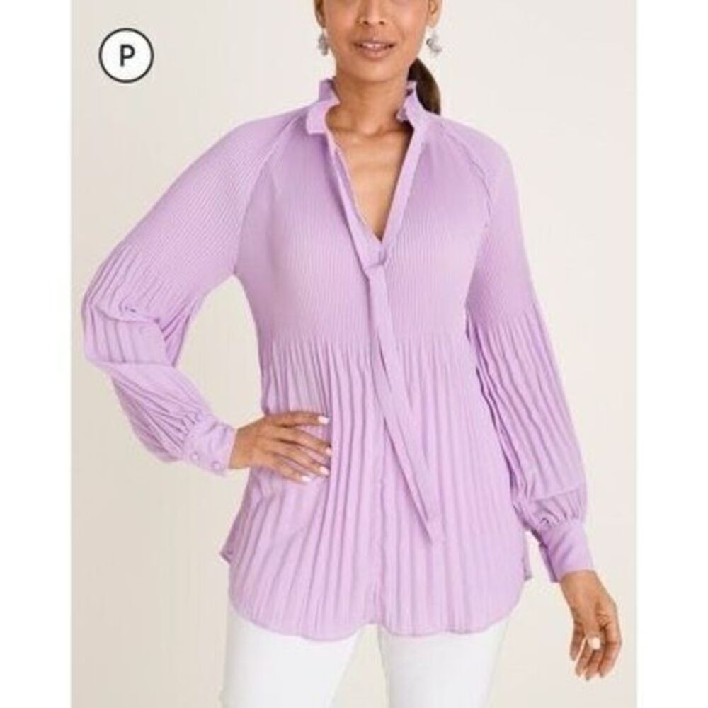 Chico's Blouse XL Icy Purple Long Sleeve Pleated Mockneck Peasant Top Womens 3